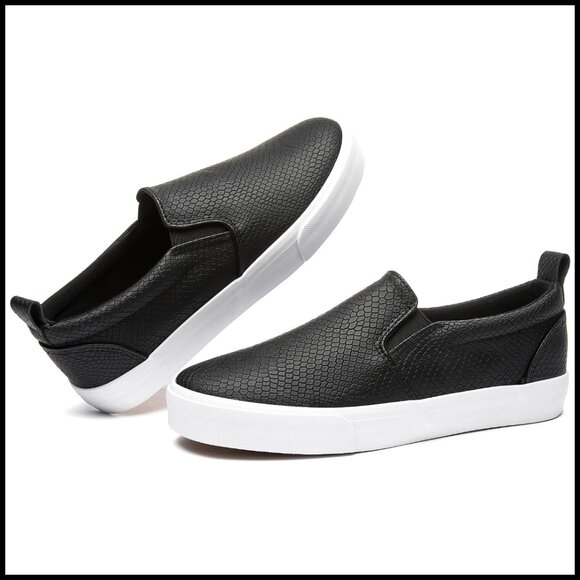 Shoes - Synthetic Leather Slip-On Sneakers with Padded Collar, Comfortable Loafers